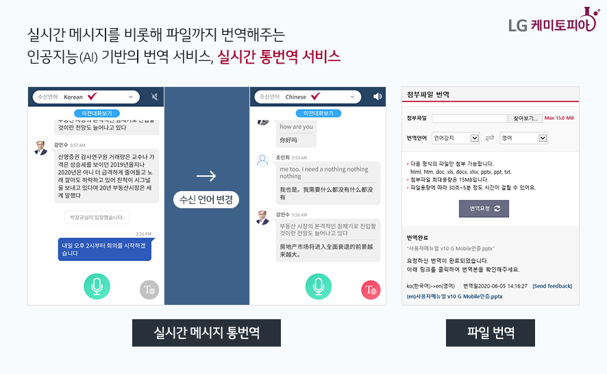 실시간 메시지를 비롯해 파일까지 번역해주는 인공지능 기반의 번역 서비스! 실시간 통번역 서비스